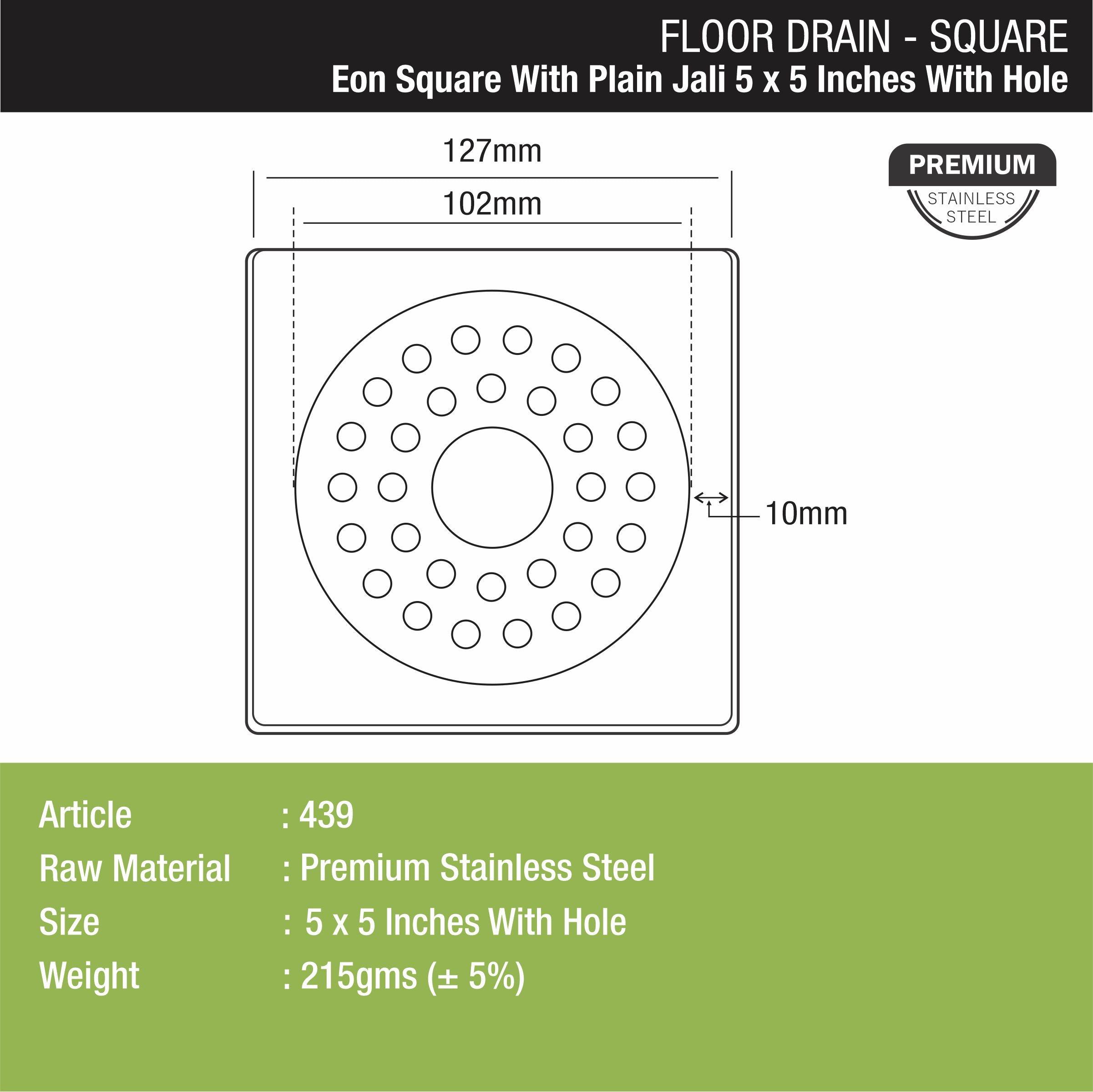 Eon Square Floor Drain with Plain Jali and Hole (5 x 5 Inches) - LIPKA - Lipka Home