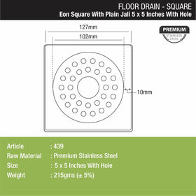 Eon Square Floor Drain with Plain Jali and Hole (5 x 5 Inches) - LIPKA - Lipka Home