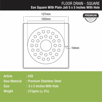 Eon Square Floor Drain with Plain Jali and Hole (5 x 5 Inches) - LIPKA - Lipka Home