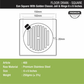 Eon Square Floor Drain with Golden Classic Jali and Hinge (6 x 6 Inches) - LIPKA - Lipka Home