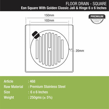 Eon Square Floor Drain with Golden Classic Jali and Hinge (6 x 6 Inches) - LIPKA - Lipka Home