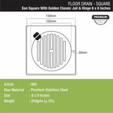 Eon Square Floor Drain with Golden Classic Jali and Hinge (6 x 6 Inches) - LIPKA