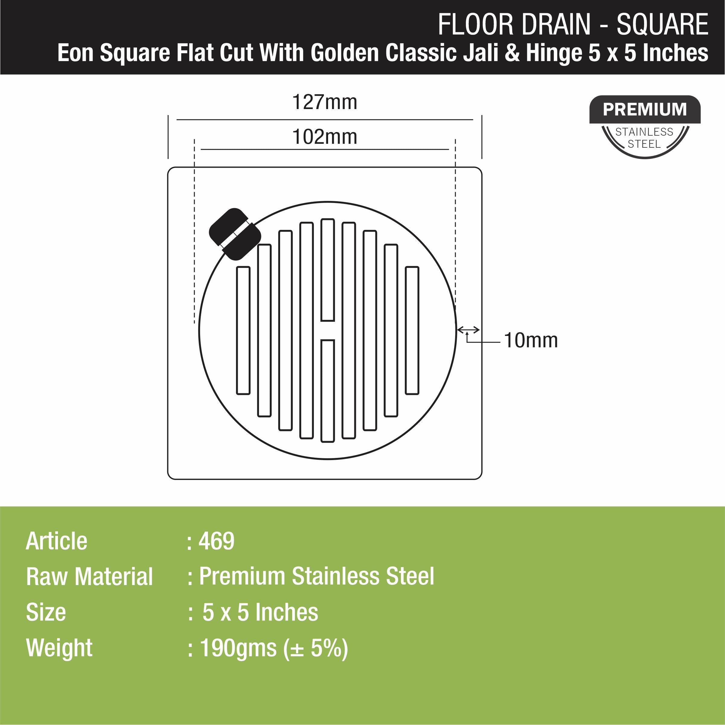Eon Square Flat Cut Floor Drain with Golden Classic Jali and Hinge (5 x 5 Inches) - LIPKA - Lipka Home