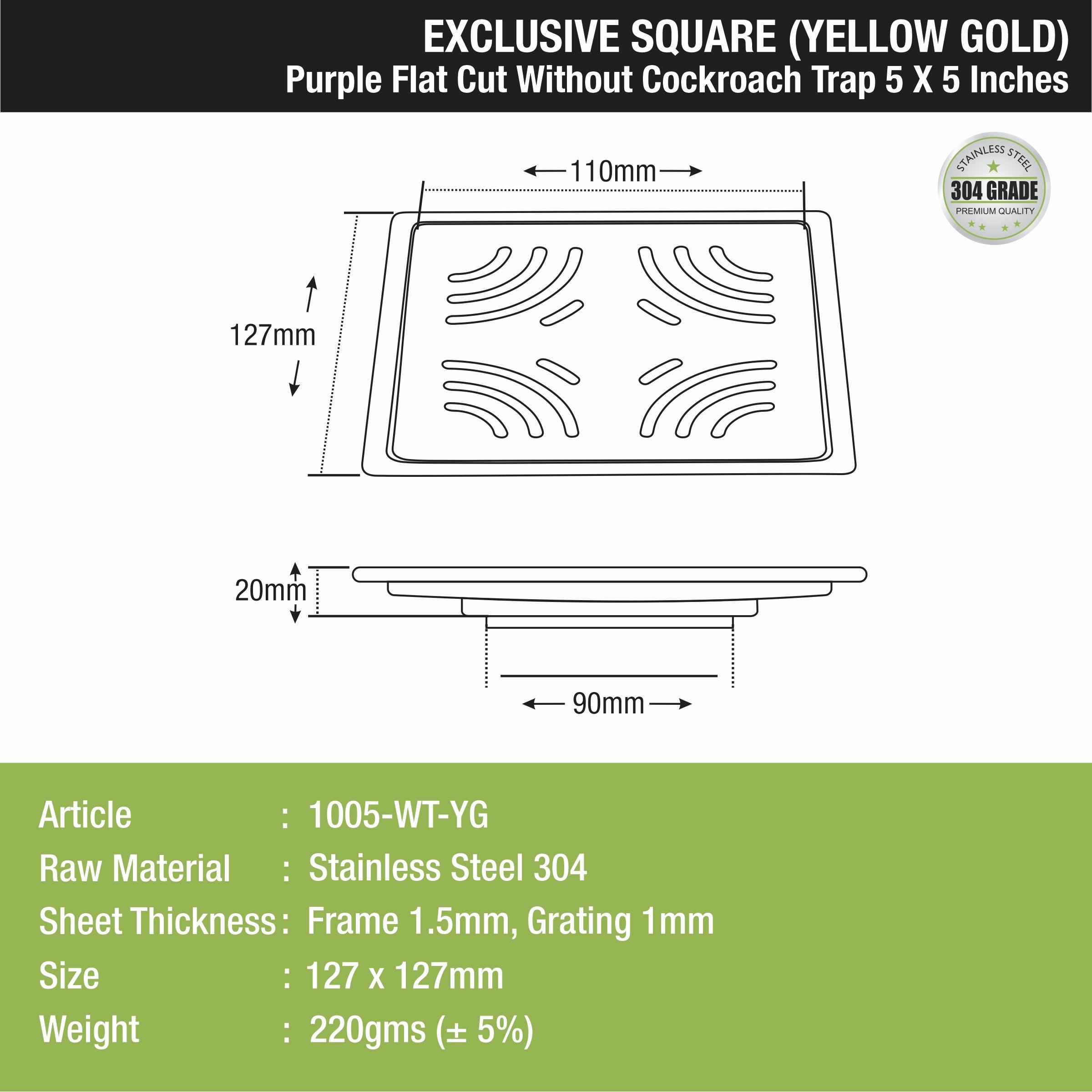 Purple Exclusive Square Flat Cut Floor Drain in Yellow Gold PVD Coating (5 x 5 Inches) - LIPKA - Lipka Home