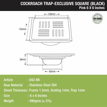 Pink Exclusive Square Floor Drain in Black PVD Coating (6 x 6 Inches) with Cockroach Trap - LIPKA - Lipka Home