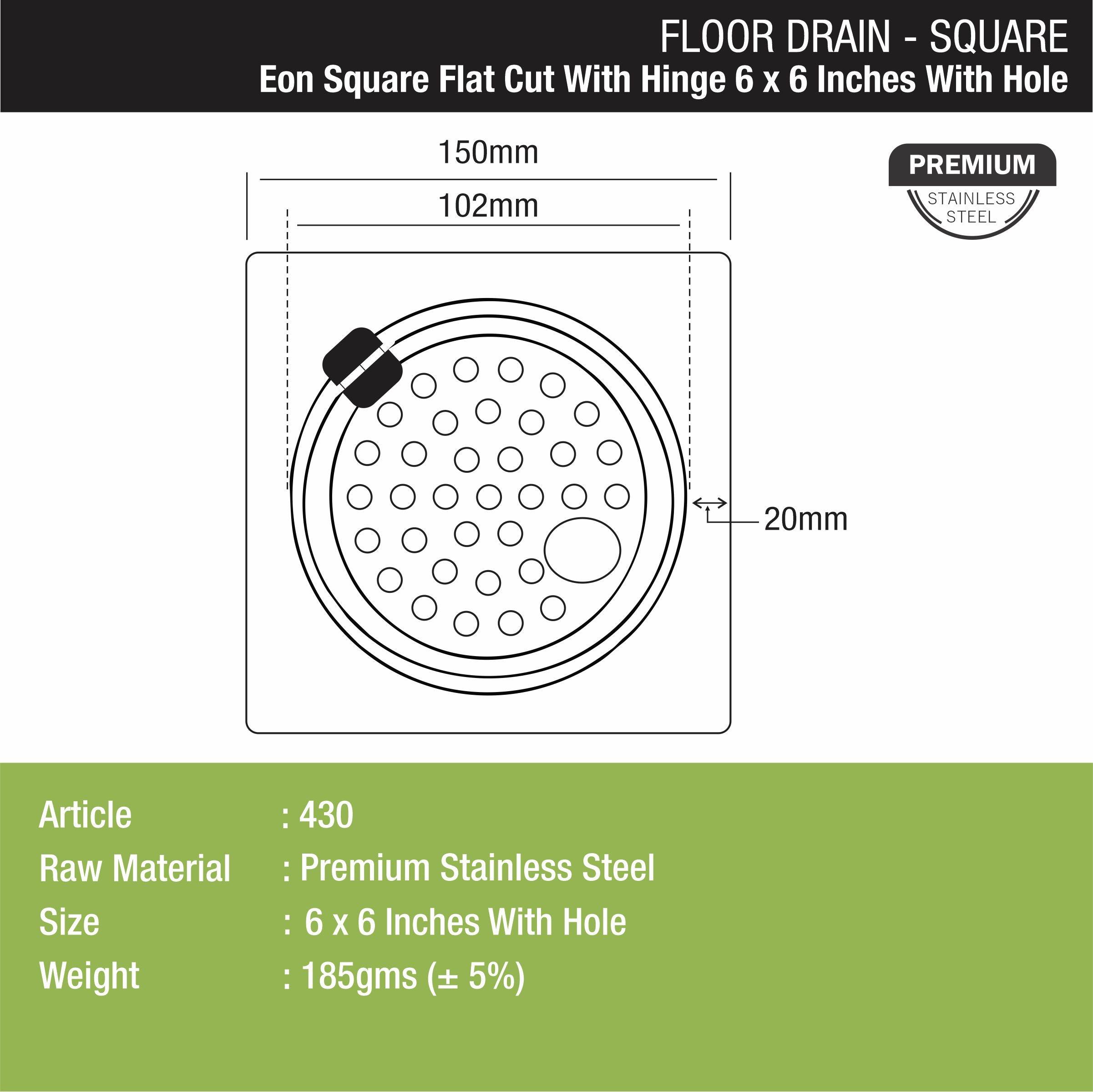 Eon Square Flat Cut Floor Drain with Hinge and Hole (6 x 6 Inches) - LIPKA - Lipka Home