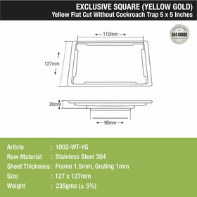 Yellow Exclusive Square Flat Cut Floor Drain in Yellow Gold PVD Coating (5 x 5 Inches) - LIPKA - Lipka Home