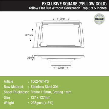 Yellow Exclusive Square Flat Cut Floor Drain in Yellow Gold PVD Coating (5 x 5 Inches) - LIPKA - Lipka Home