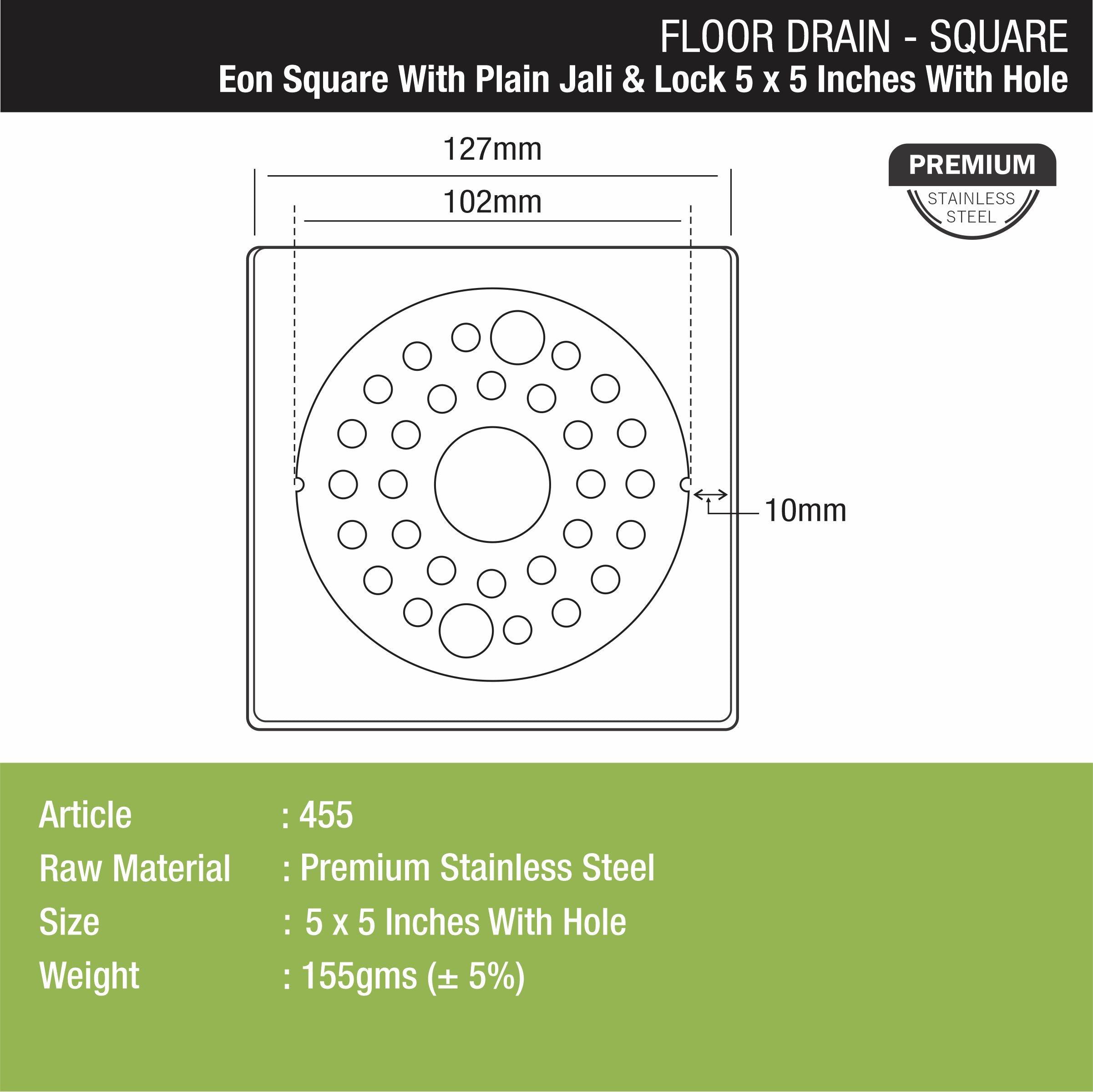 Eon Square Floor Drain with Plain Jali, Lock and Hole (5 x 5 Inches) - LIPKA - Lipka Home