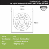 Eon Square Floor Drain with Plain Jali, Lock and Hole (5 x 5 Inches) - LIPKA