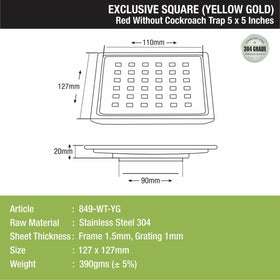 Red Exclusive Square Floor Drain in Yellow Gold PVD Coating (5 x 5 Inches) - LIPKA - Lipka Home