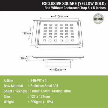 Red Exclusive Square Floor Drain in Yellow Gold PVD Coating (5 x 5 Inches) - LIPKA - Lipka Home