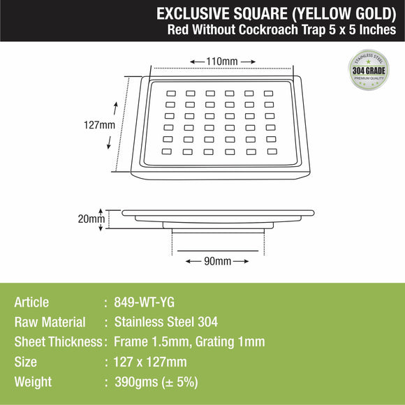 Red Exclusive Square Floor Drain in Yellow Gold PVD Coating (5 x 5 Inches) - LIPKA - Lipka Home