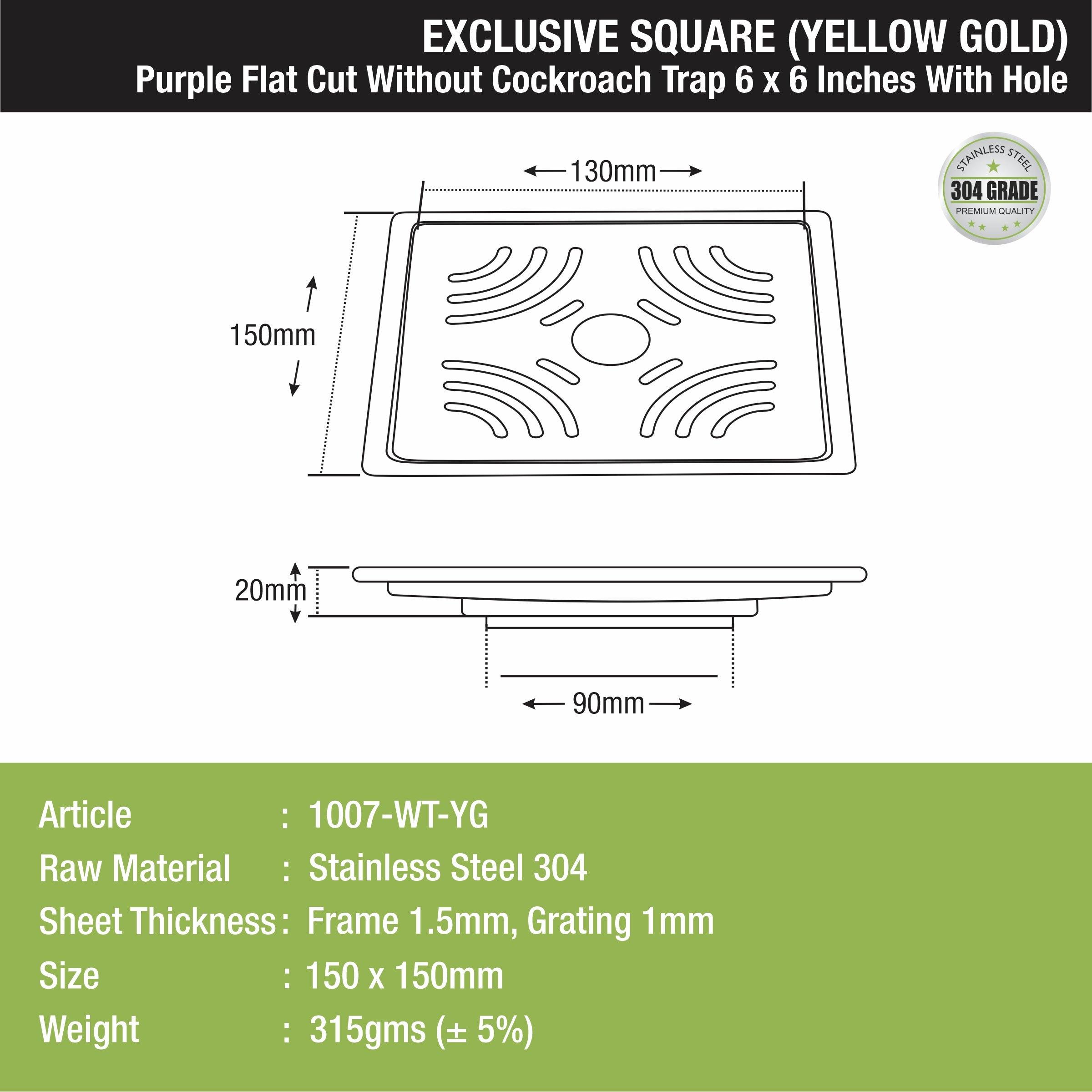 Purple Exclusive Square Flat Cut Floor Drain in Yellow Gold PVD Coating (6 x 6 Inches) with Hole & Cockroach Trap - LIPKA - Lipka Home