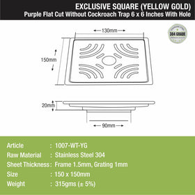 Purple Exclusive Square Flat Cut Floor Drain in Yellow Gold PVD Coating (6 x 6 Inches) with Hole - LIPKA - Lipka Home