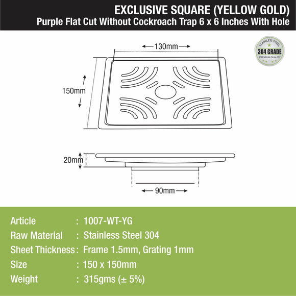 Purple Exclusive Square Flat Cut Floor Drain in Yellow Gold PVD Coating (6 x 6 Inches) with Hole - LIPKA - Lipka Home