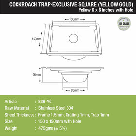 Yellow Exclusive Square Floor Drain in Yellow Gold PVD Coating (6 x 6 Inches) with Hole & Cockroach Trap - LIPKA - Lipka Home