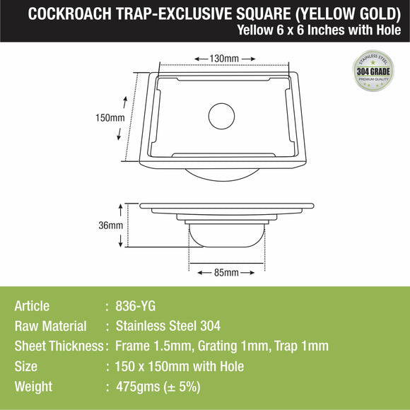 Yellow Exclusive Square Floor Drain in Yellow Gold PVD Coating (6 x 6 Inches) with Hole & Cockroach Trap - LIPKA - Lipka Home