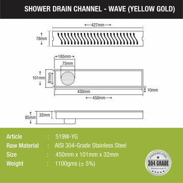 Wave Shower Drain Channel - Yellow Gold (18 x 4 Inches) - LIPKA - Lipka Home