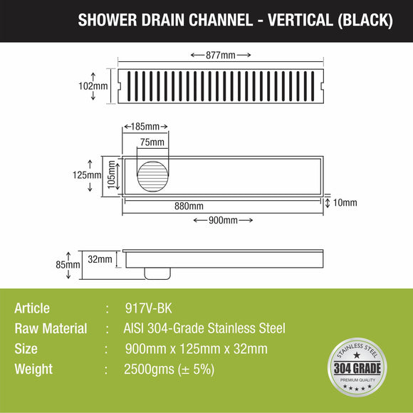 Vertical Shower Drain Channel - Black (36 x 5 Inches) - LIPKA - Lipka Home