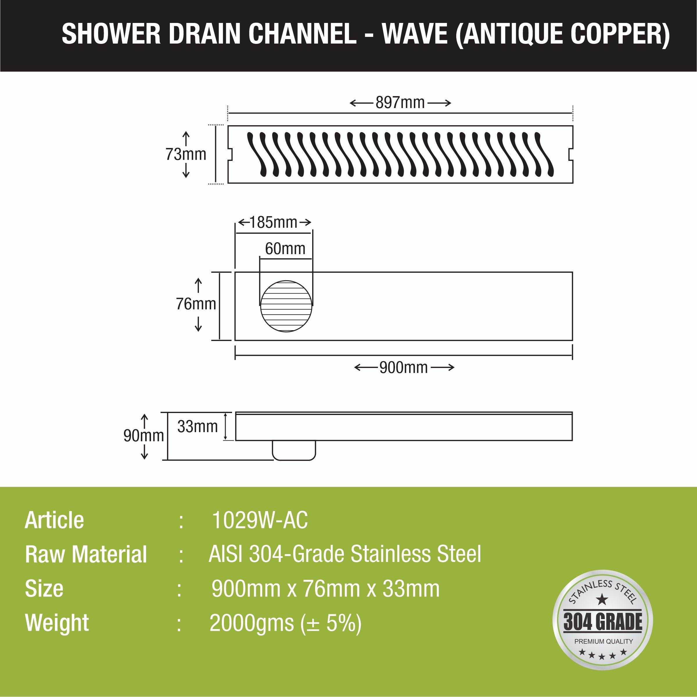 Wave Shower Drain Channel - Antique Copper (36 x 3 Inches) - LIPKA - Lipka Home