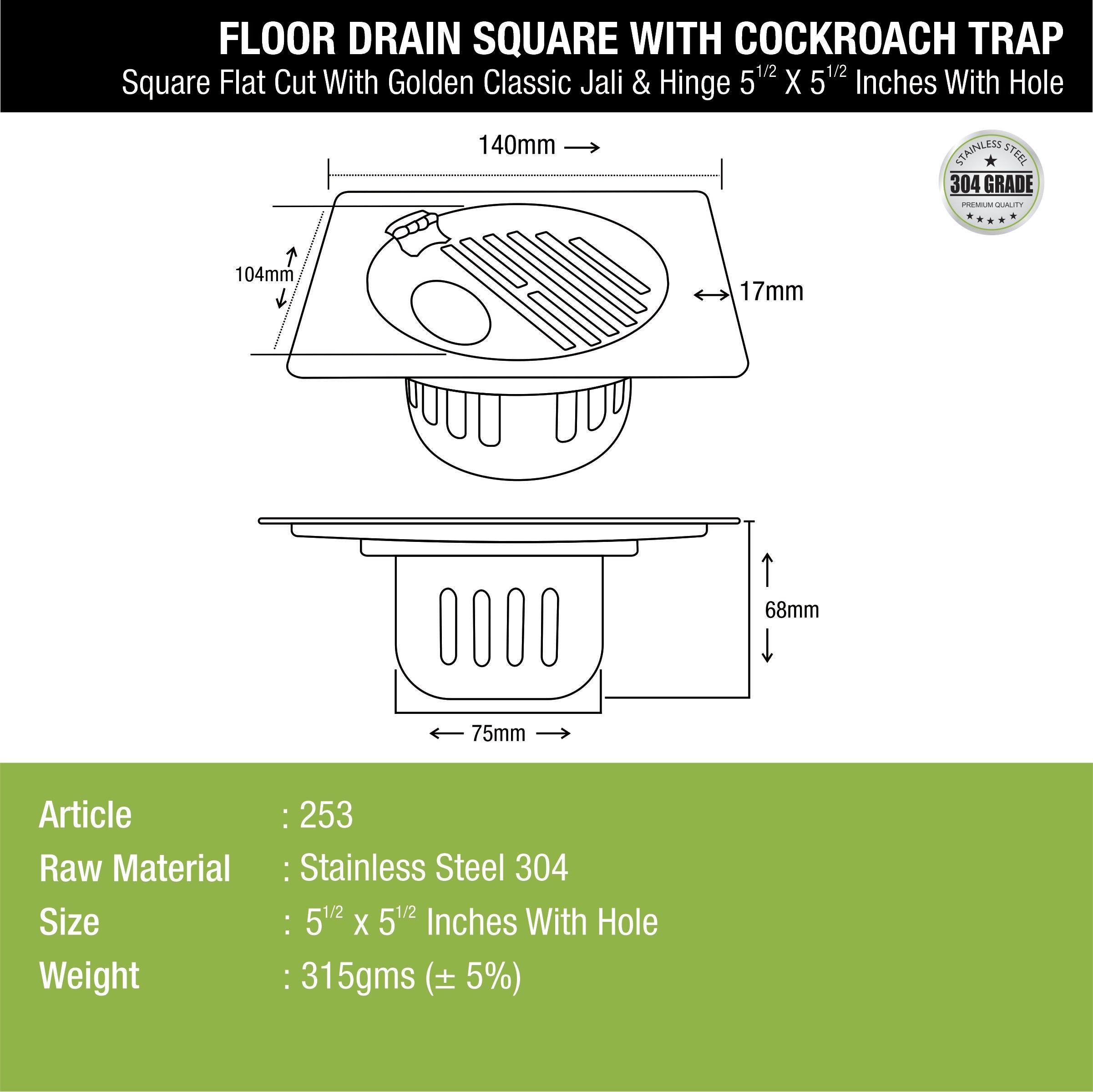 Golden Classic Jali Square Flat Cut Floor Drain (5.5 x 5.5 Inches) with Hinge, Hole and Cockroach Trap - LIPKA