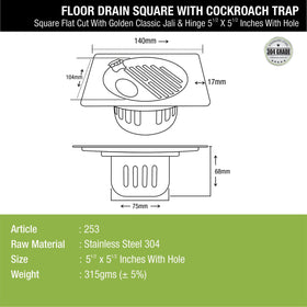 Golden Classic Jali Square Flat Cut Floor Drain (5.5 x 5.5 Inches) with Hinge, Hole and Cockroach Trap - LIPKA - Lipka Home
