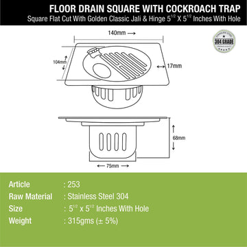 Golden Classic Jali Square Flat Cut Floor Drain (5.5 x 5.5 Inches) with Hinge, Hole and Cockroach Trap - LIPKA - Lipka Home
