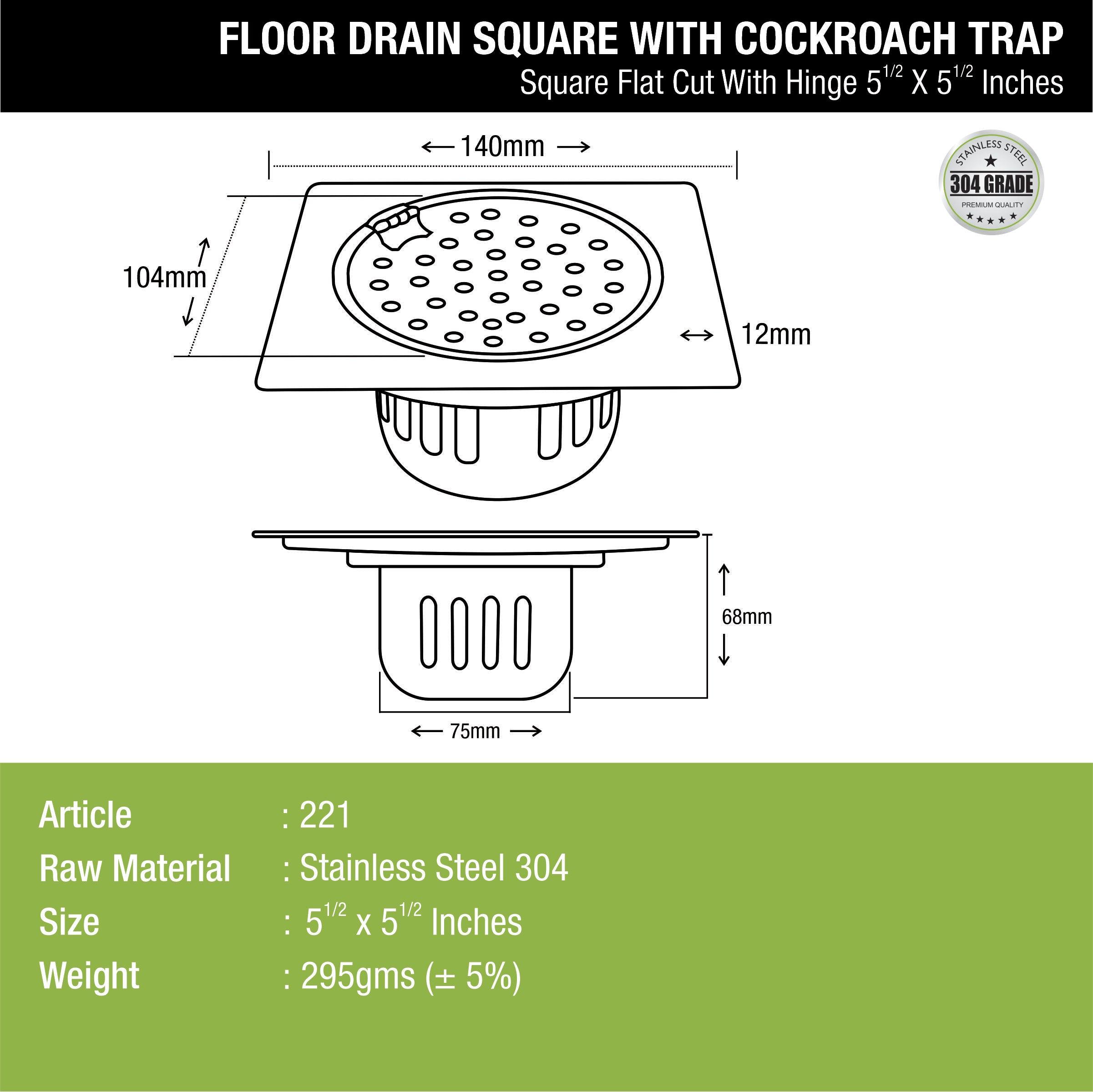 Square Flat Cut Floor Drain (5.5 x 5.5 Inches) with Hinge and Cockroach Trap - LIPKA - Lipka Home