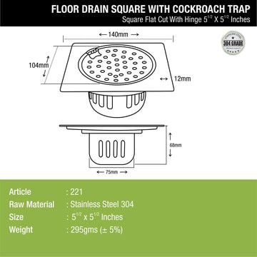 Square Flat Cut Floor Drain (5.5 x 5.5 Inches) with Hinge and Cockroach Trap - LIPKA - Lipka Home