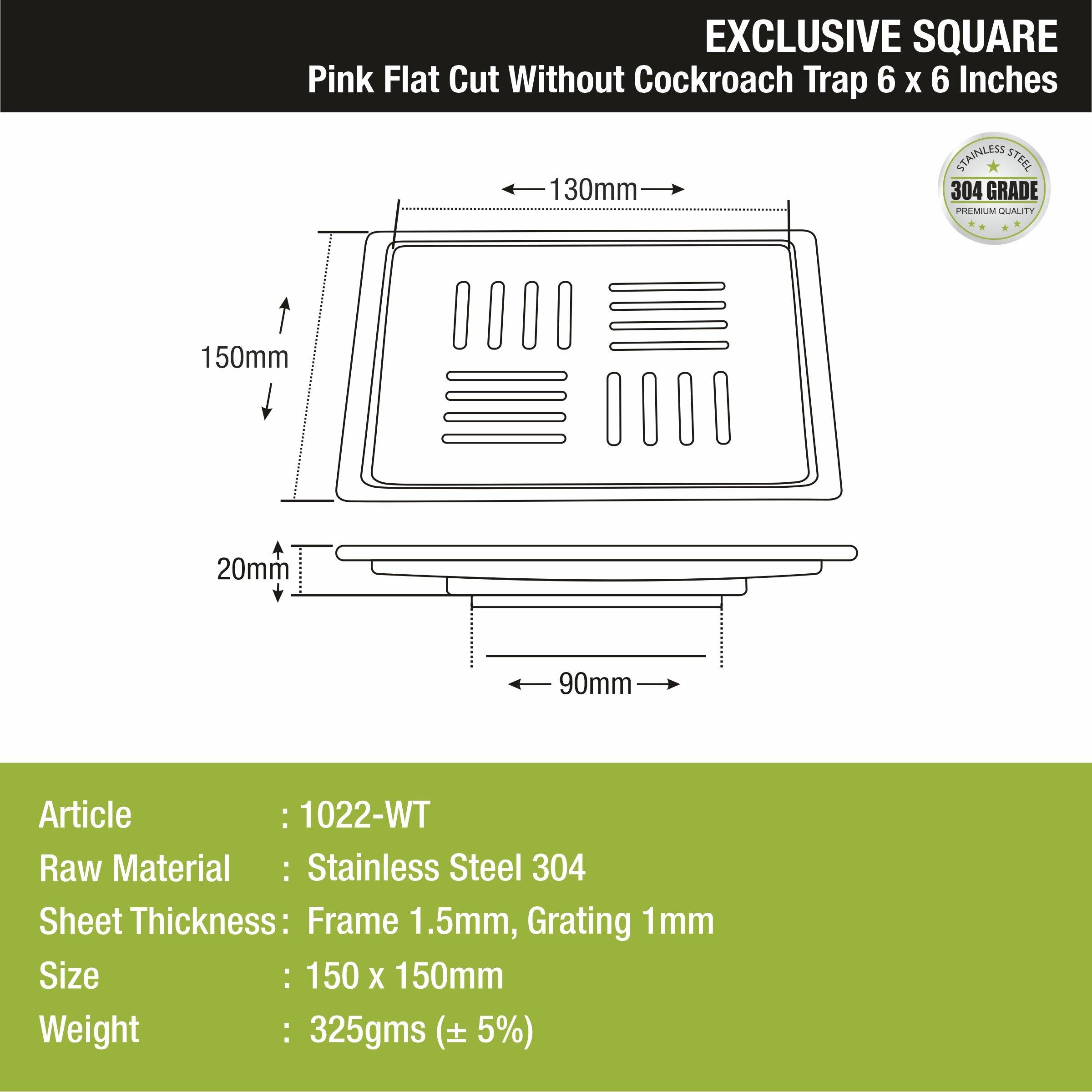 Pink Exclusive Square Flat Cut Floor Drain (6 x 6 Inches) - LIPKA