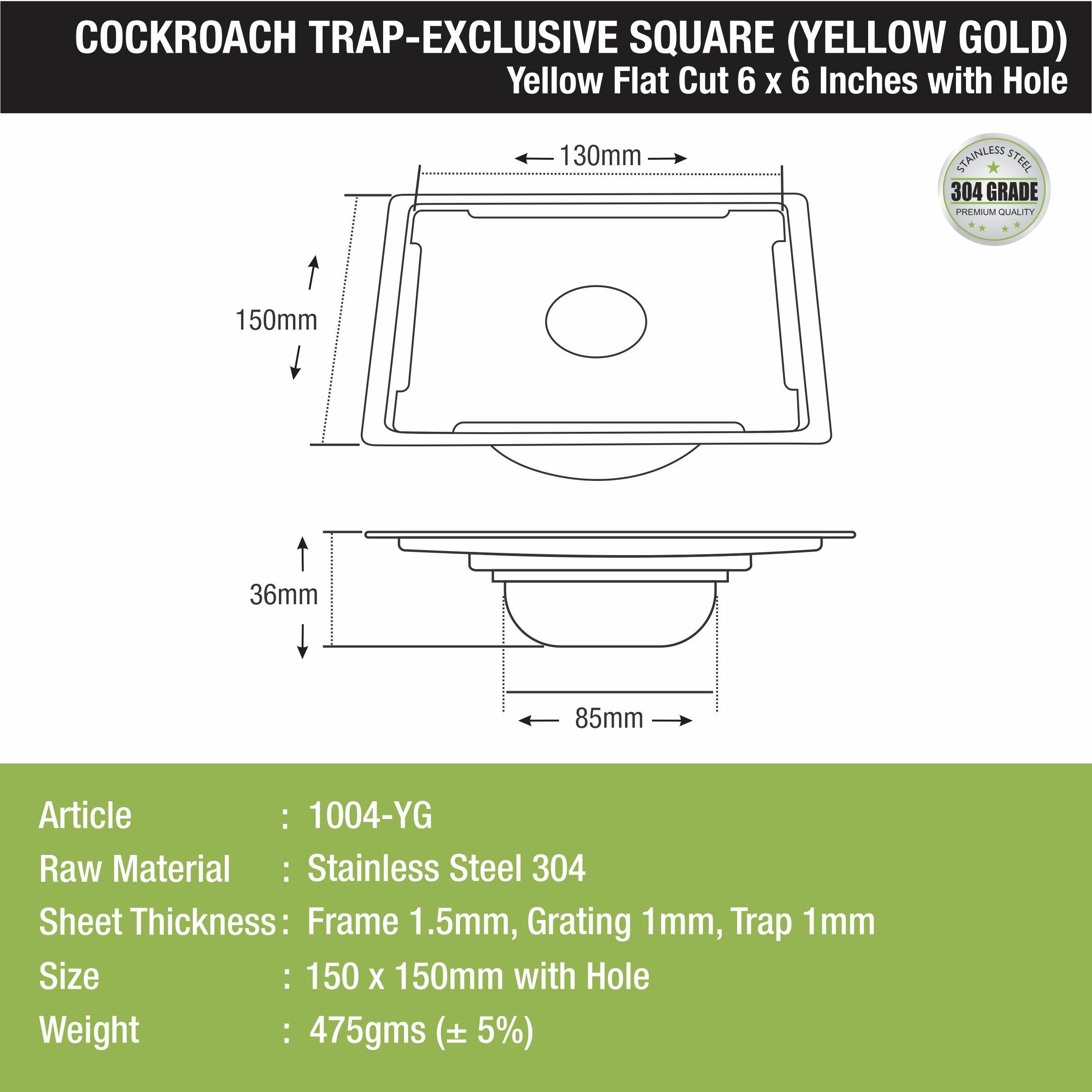 Yellow Exclusive Square Flat Cut Floor Drain in Yellow Gold PVD Coating (6 x 6 Inches) with Hole & Cockroach Trap - LIPKA - Lipka Home