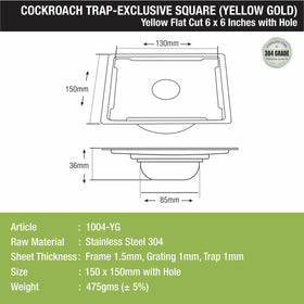 Yellow Exclusive Square Flat Cut Floor Drain in Yellow Gold PVD Coating (6 x 6 Inches) with Hole & Cockroach Trap - LIPKA - Lipka Home