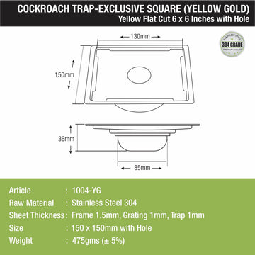 Yellow Exclusive Square Flat Cut Floor Drain in Yellow Gold PVD Coating (6 x 6 Inches) with Hole & Cockroach Trap - LIPKA - Lipka Home