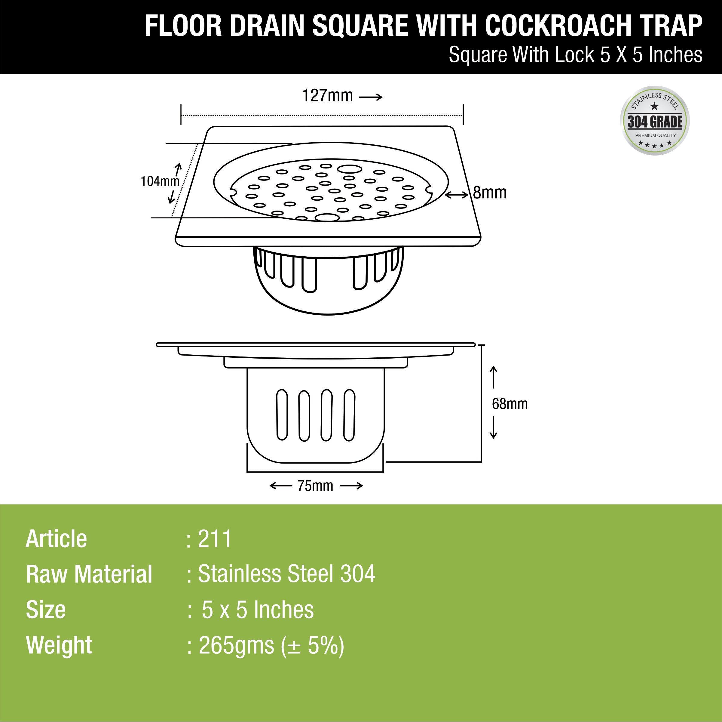 Square Floor Drain (5 x 5 Inches) with Lock and Cockroach Trap - LIPKA - Lipka Home