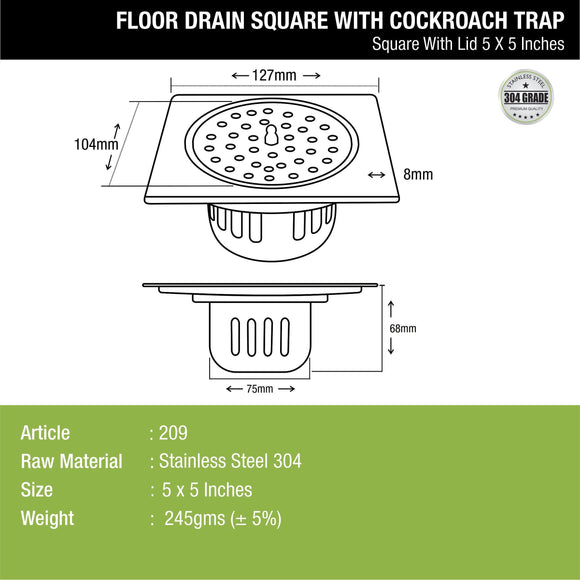 Square Floor Drain (5 x 5 Inches) with Lid and Cockroach Trap - LIPKA - Lipka Home