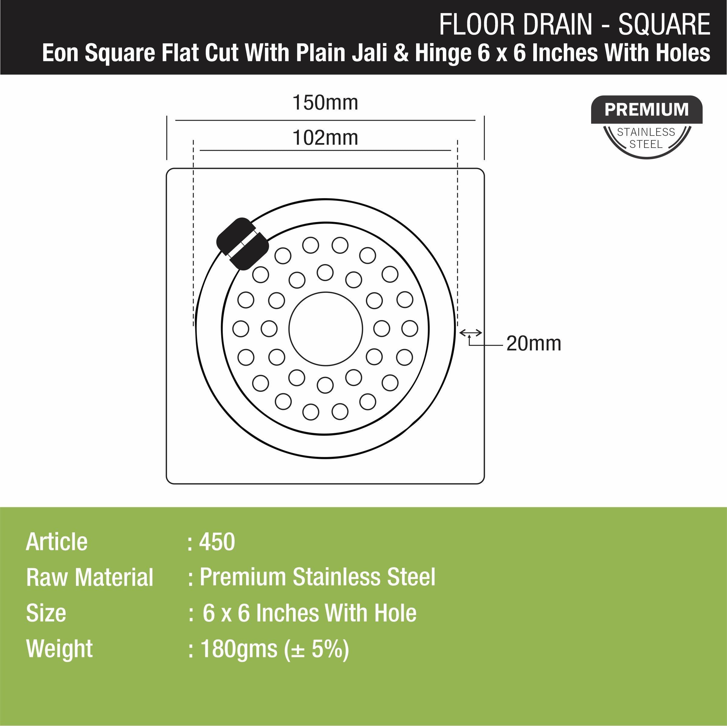 Eon Square Flat Cut Floor Drain with Plain Jali, Hinge and Hole (6 x 6 Inches) - LIPKA - Lipka Home