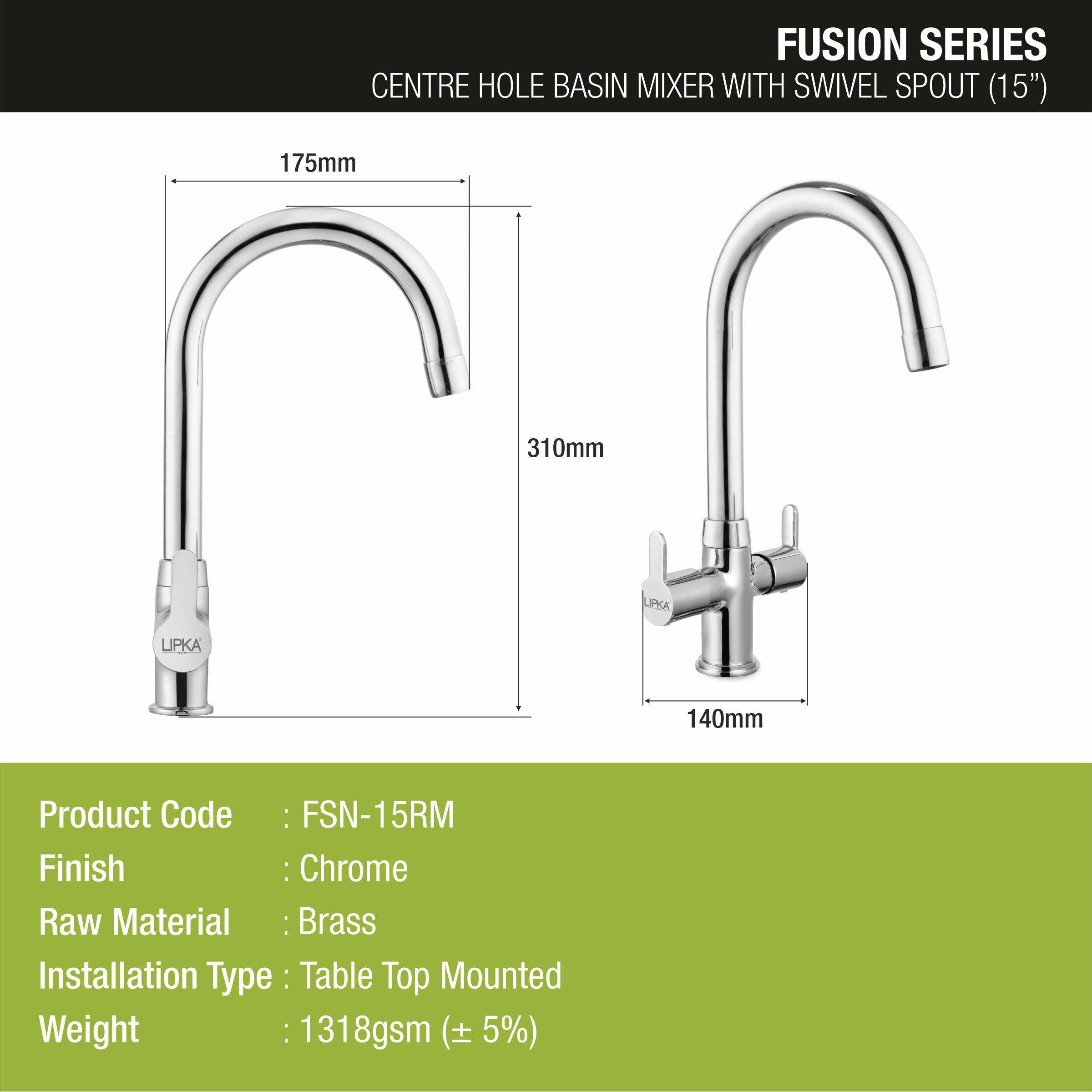 Fusion Centre Hole Basin Mixer Brass Faucet with Round Swivel Spout (15 Inches) - LIPKA - Lipka Home