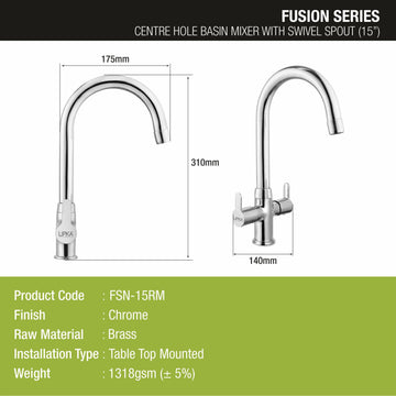 Fusion Centre Hole Basin Mixer Brass Faucet with Round Swivel Spout (15 Inches) - LIPKA - Lipka Home
