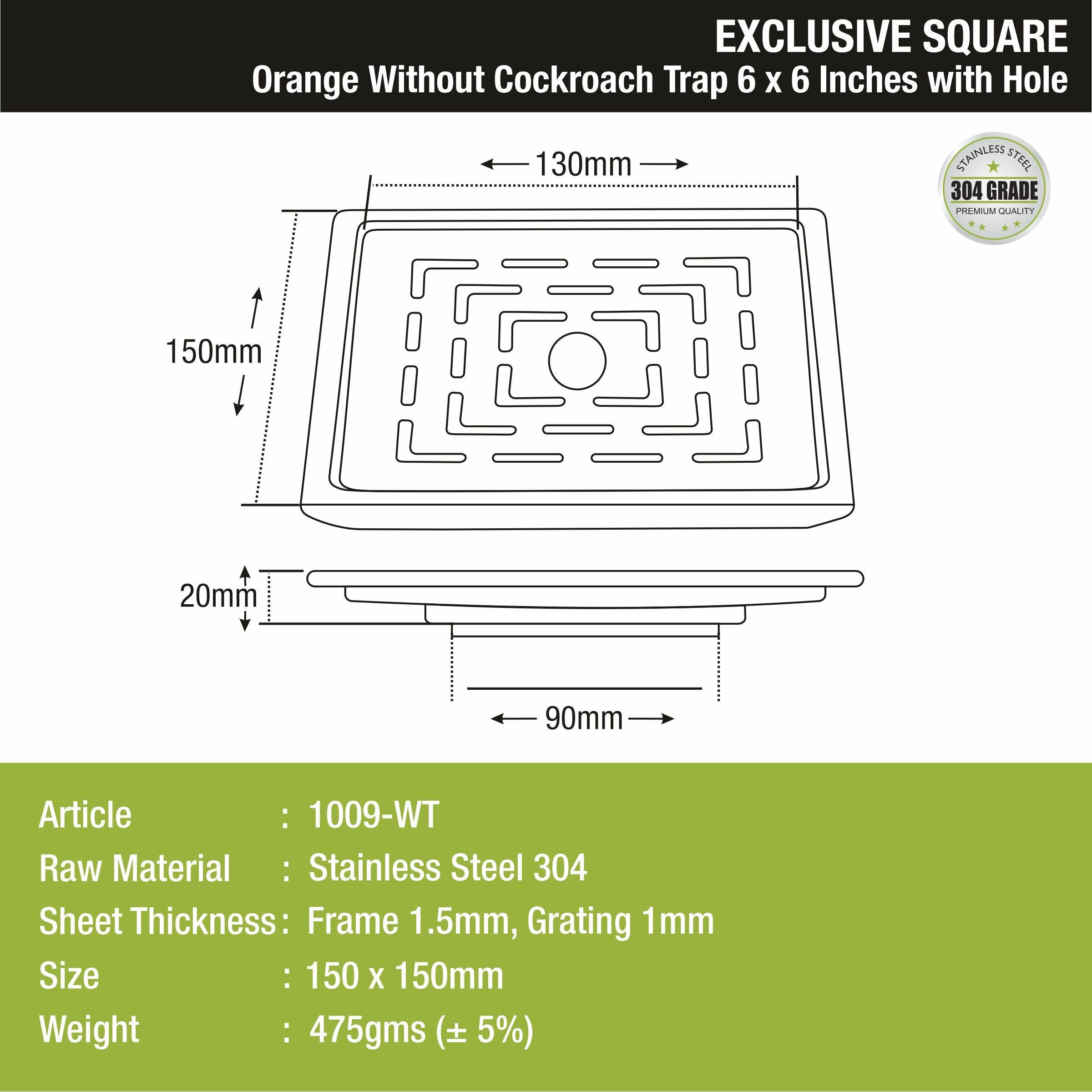 Orange Exclusive Square Floor Drain (6 x 6 Inches) with Hole - LIPKA - Lipka Home