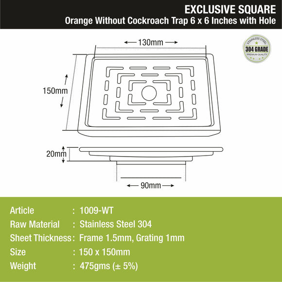 Orange Exclusive Square Floor Drain (6 x 6 Inches) with Hole - LIPKA - Lipka Home
