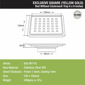 Red Exclusive Square Floor Drain in Yellow Gold PVD Coating (6 x 6 Inches) - LIPKA - Lipka Home