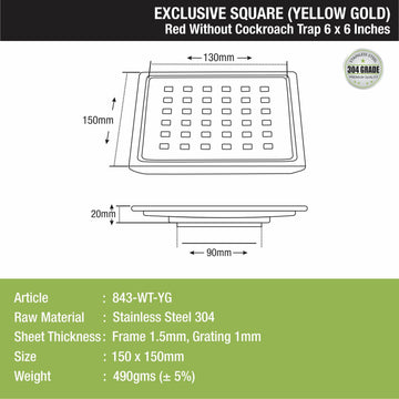 Red Exclusive Square Floor Drain in Yellow Gold PVD Coating (6 x 6 Inches) - LIPKA - Lipka Home