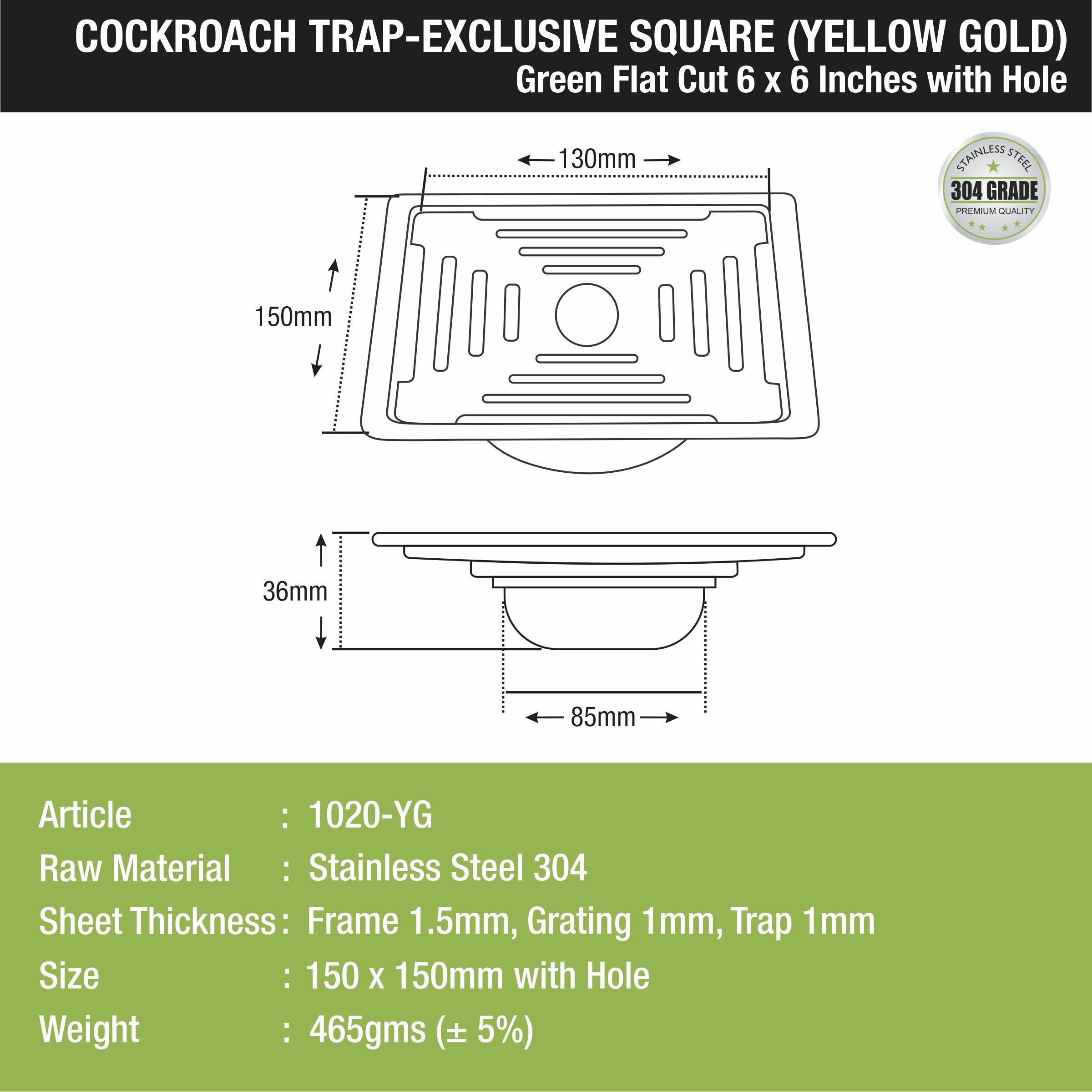 Green Exclusive Square Flat Cut Floor Drain in Yellow Gold PVD Coating (6 x 6 Inches) with Hole & Cockroach Trap - LIPKA - Lipka Home