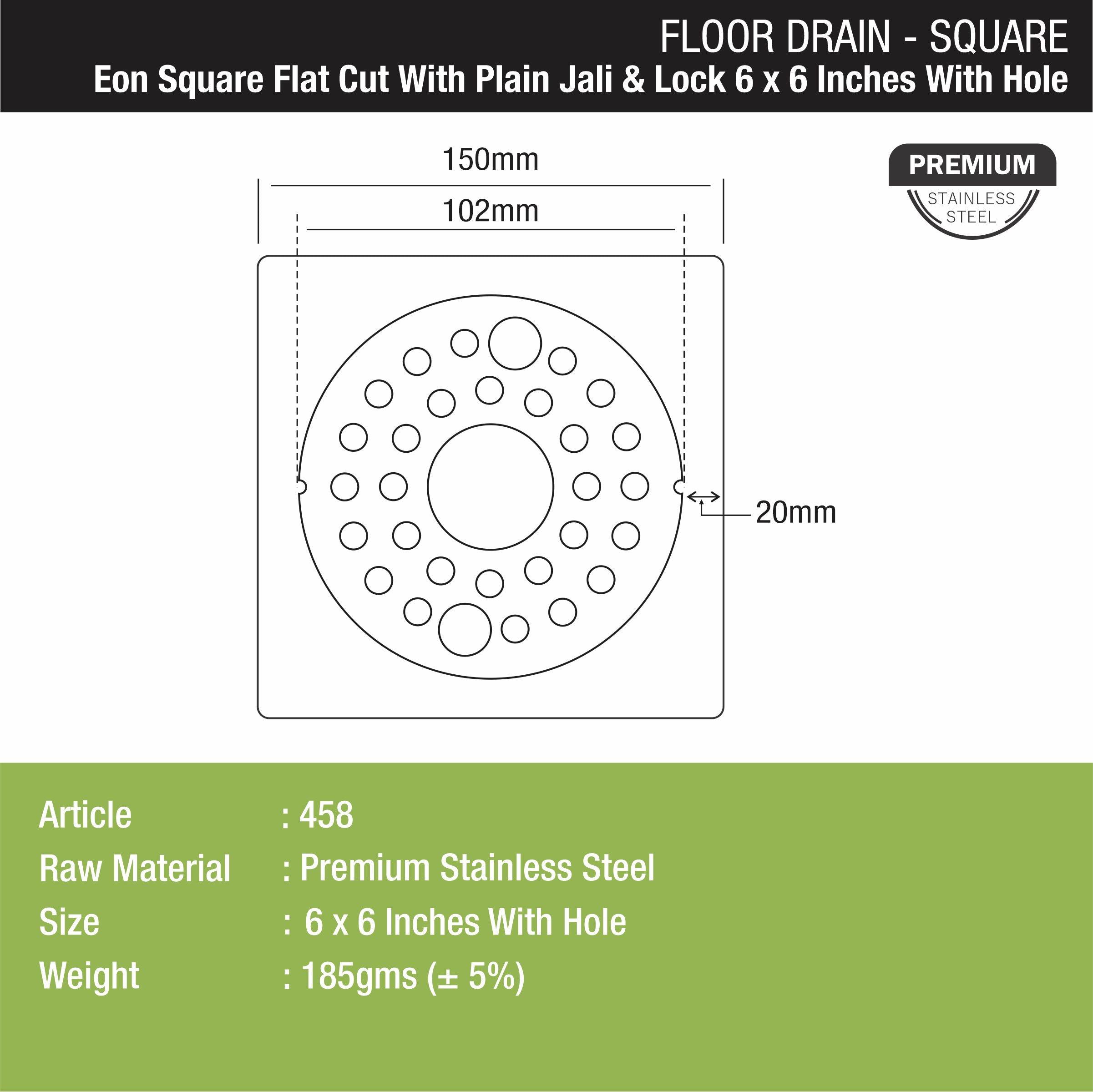 Eon Square Flat Cut Floor Drain with Plain Jali, Lock and Hole (6 x 6 Inches) - LIPKA - Lipka Home