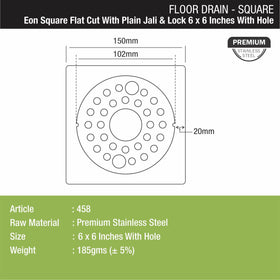 Eon Square Flat Cut Floor Drain with Plain Jali, Lock and Hole (6 x 6 Inches) - LIPKA - Lipka Home