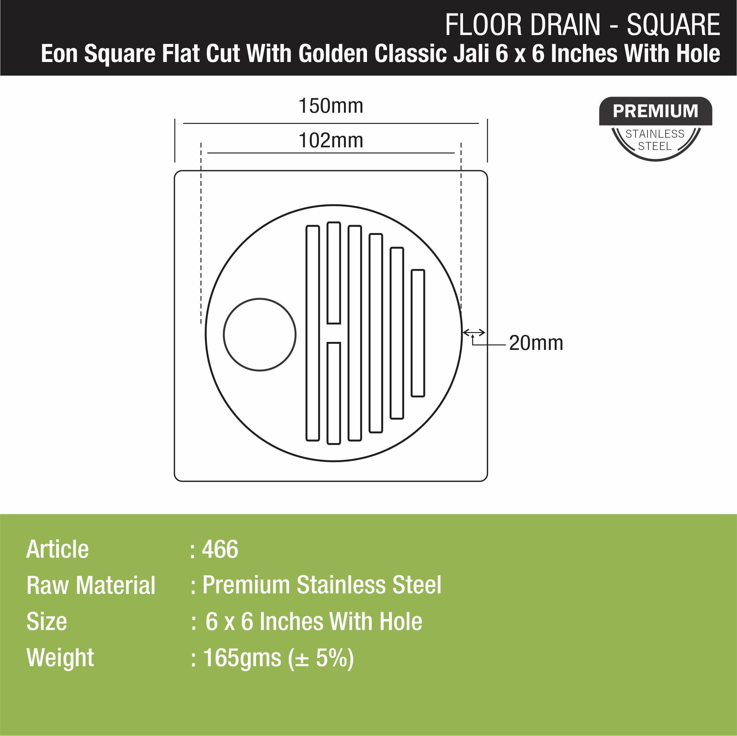 Eon Square Flat Cut Floor Drain with Golden Classic Jali and Hole (6 x 6 Inches) - LIPKA - Lipka Home