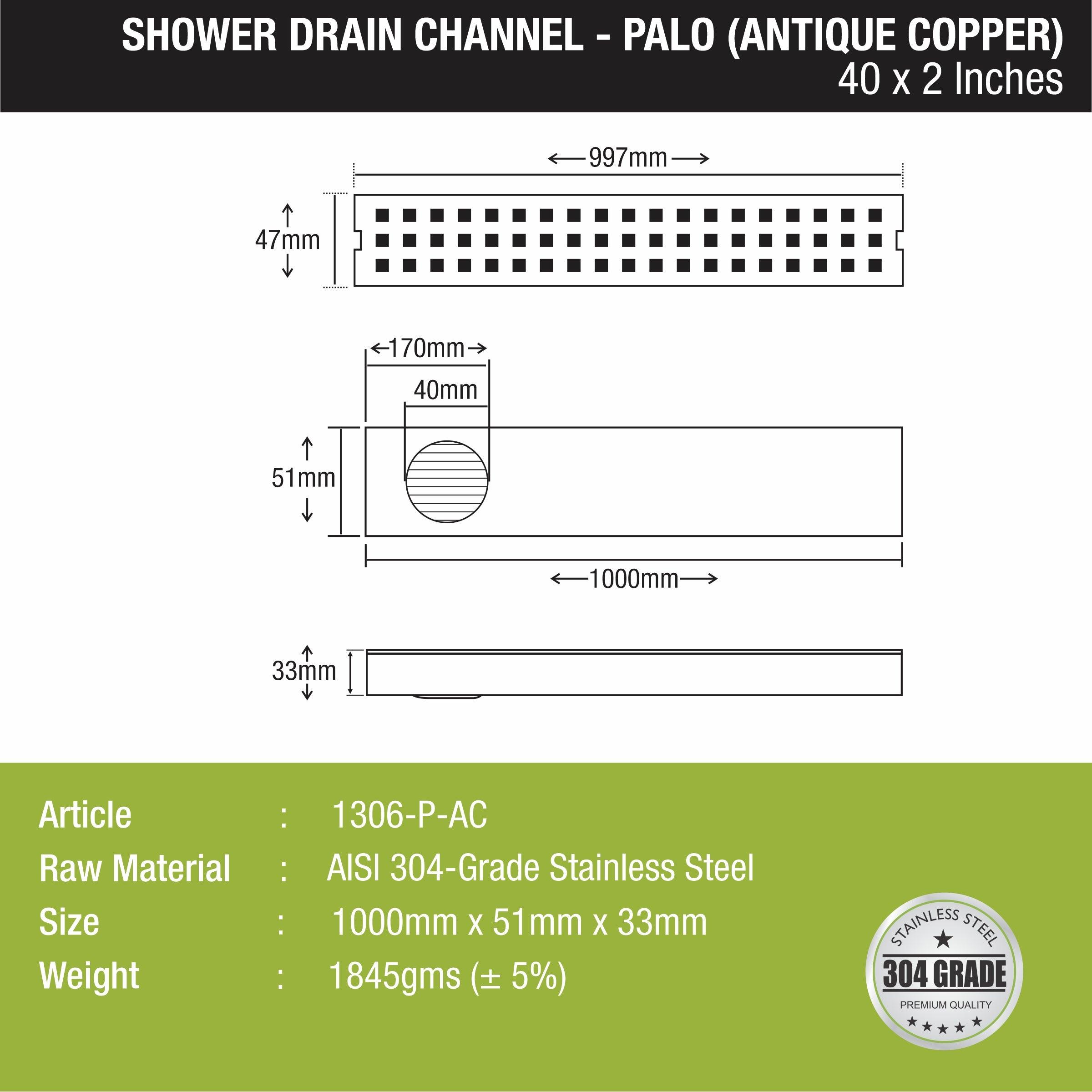 Palo Shower Drain Channel - Antique Copper (40 x 2 Inches) sizes and dimensions
