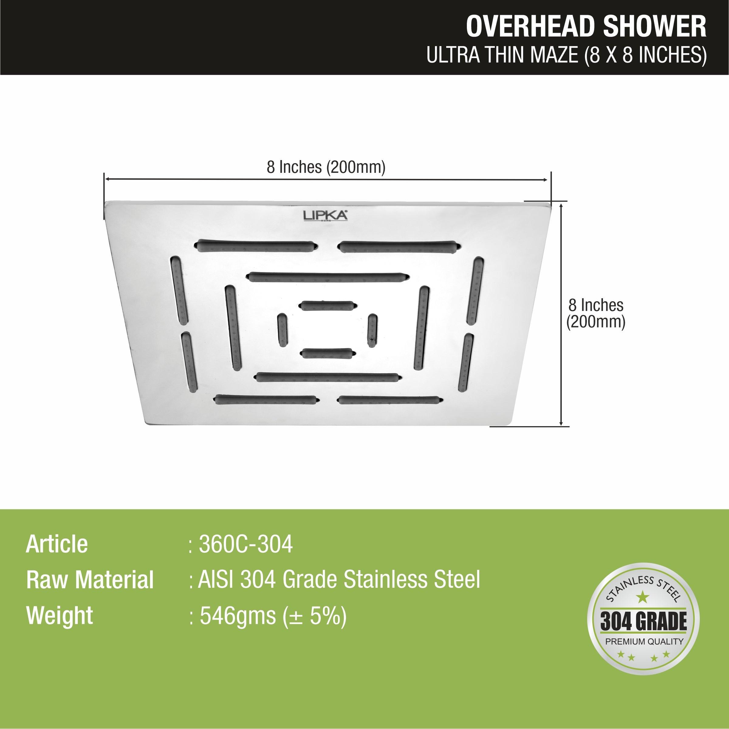 Ultra Thin Maze 304-Grade Overhead Rain Shower (8 x 8 Inches) sizes and dimensions