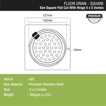 Eon Square Flat Cut Floor Drain with Hinge (5 x 5 Inches) - LIPKA - Lipka Home